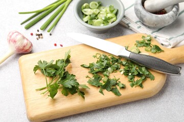 Different fresh herbs, spices and knife on grey table, closeup