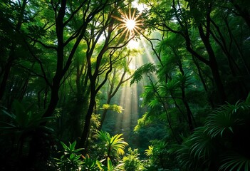 Naklejka premium Deep emerald forest, sunlight dappling through dense canopy, vibrant undergrowth, serene, plants