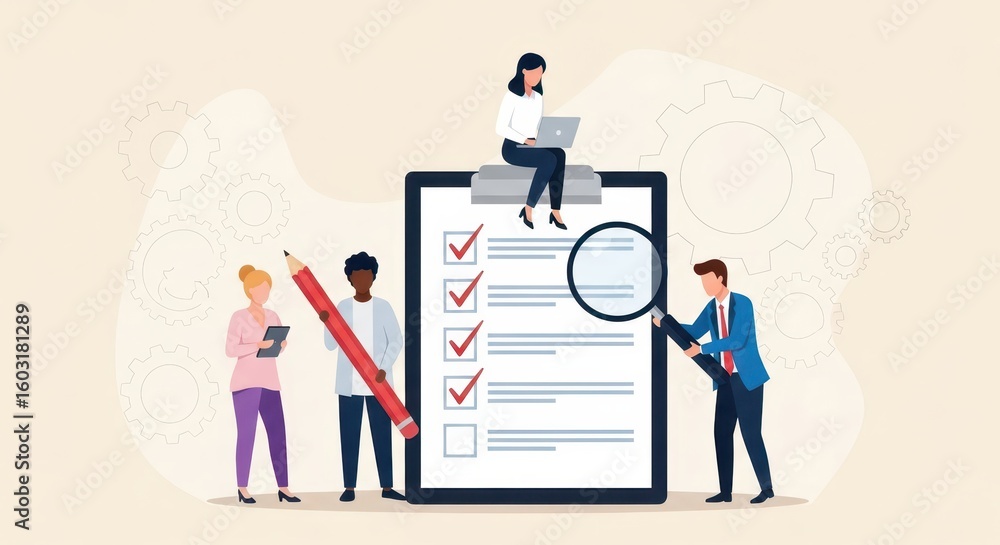 Poster flat illustration of a team collaborating on a large checklist with people reviewing tasks using a l