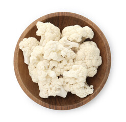 Fresh cauliflower florets in bowl isolated on white, top view