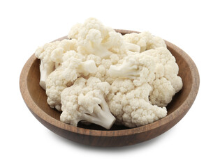 Fresh cauliflower florets in bowl isolated on white