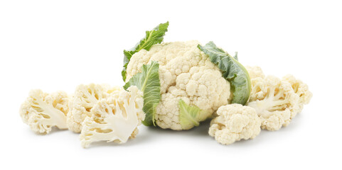 Fresh cauliflower head and pieces of florets isolated on white