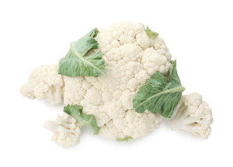 One fresh cauliflower head and florets isolated on white, top view