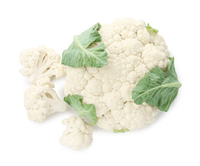 One fresh cauliflower head and florets isolated on white, top view