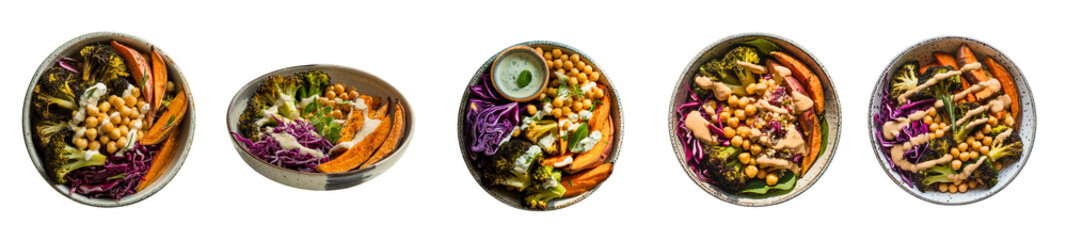 Colorful Vegan Buddha Bowl with Roasted Vegetables and Creamy Sauce – Top View