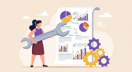 Flat illustration of a woman holding a large wrench next to a document with financial charts and gears