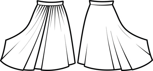CAD drawing flat vector illustration, layered fringed skirt with drawstring waistband, flared silhouette garment design, fashion sketch, clothing blueprint