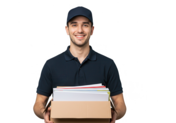Smiling man holding box with documents isolated on transparent background