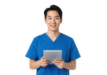 Smiling asian doctor in scrubs holding tablet isolated on transparent background