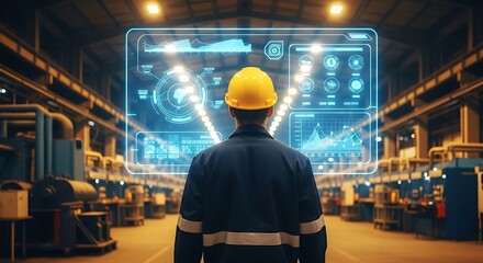 Factory worker observing digital data in modern industrial environment