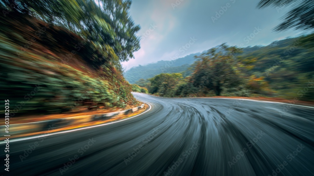 Poster motion blur effect on a curving mountain road with sharp turns, creating the feeling of speed and th