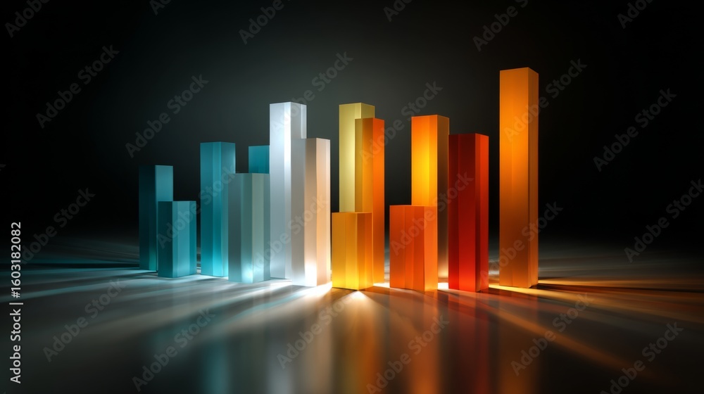 Poster multi-colored d bar graph on a glossy surface, with each bar casting distinct shadows, giving a shar