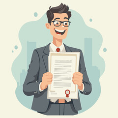 Cartoon businessman character in a suit holding a new contract letter, symbolizing success and new ideas at work