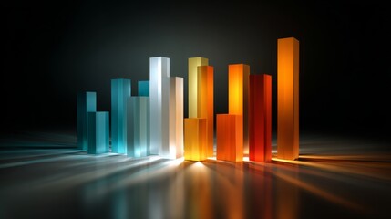 Multi-colored D bar graph on a glossy surface, with each bar casting distinct shadows, giving a sharp, vibrant appearance