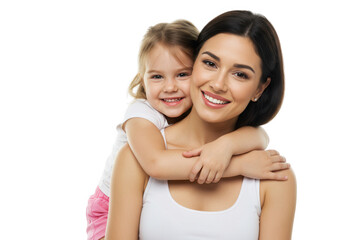 Smiling mother and daughter hugging each other isolated on transparent background