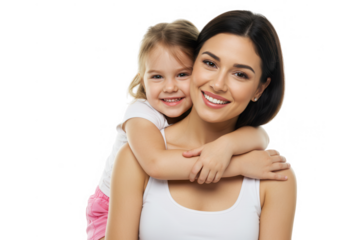 Smiling mother and daughter hugging each other isolated on transparent background