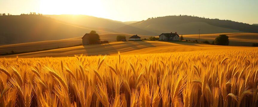 Golden wheat field rolls down to a quaint farmhouse nestled on a sun-drenched hill, countryside, farm