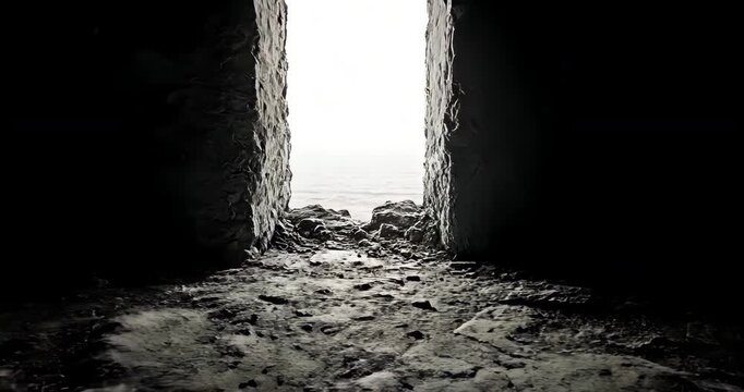 A dark, stone interior with a bright opening revealing a foggy seascape, evoking mystery and hope.