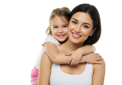 Smiling mother and daughter hugging each other isolated on transparent background