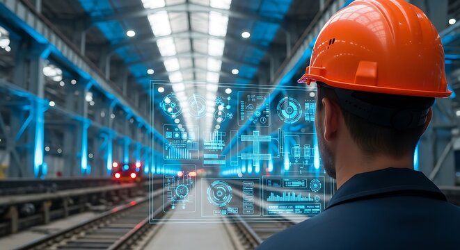 Engineer analyzing industrial data on futuristic interface during inspection - Powered by Adobe