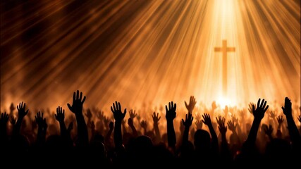 Believers raising hands in cross praise and worship glowing a beneath joyful silhouette, united in faith and celebration video 4k
