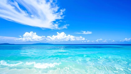 Fototapeta premium Turquoise water landscape under bright skies with fluffy clouds in serene ocean environment