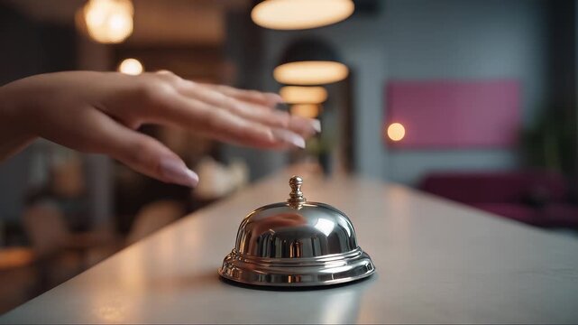 Guests hand rings hotel service bell at reception desk, attentive hotel service, hospitality, and beginning of pleasant stay