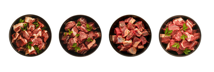 Isolated Raw Beef Chunks with Parsley in Black Bowl – Top View PNG