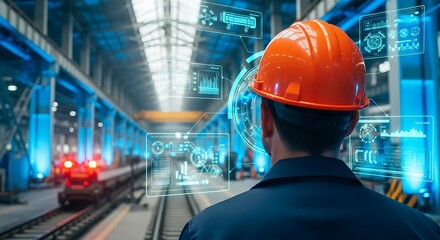 Engineer in a futuristic factory monitoring industrial data