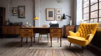 Vintage workspace featuring a wooden desk, typewriter, and elegant yellow armchair