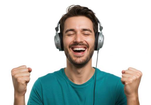 Happy man listening to music with headphones isolated on transparent background