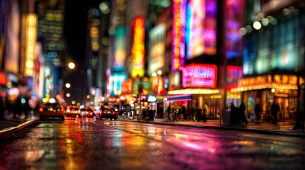 Rows of colorful neon lights in a busy cityscape at night, blurring slightly to create a vibrant, bustling ambiance