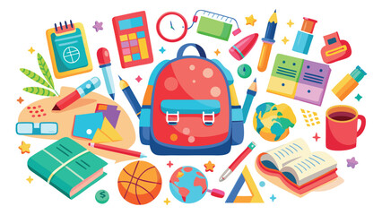 Vibrant illustration of school supplies and educational items backpack books