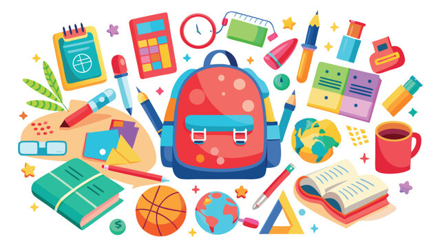 Vibrant illustration of school supplies and educational items backpack books