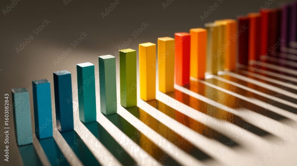 Aufkleber multi-colored d bar graph on a glossy surface, with each bar casting distinct shadows, giving a shar