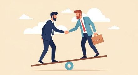 Obraz premium Flat illustration of two businessmen shake hands on a seesaw symbolizing a balanced business agreement and partnership