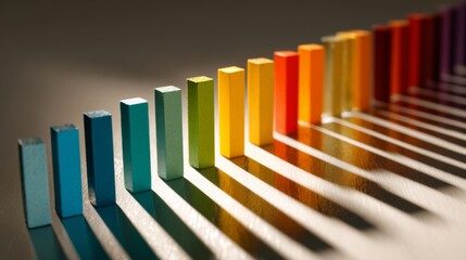 Multi-colored D bar graph on a glossy surface, with each bar casting distinct shadows, giving a sharp, vibrant appearance