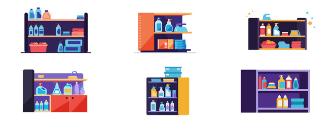 Shelves displaying colorful cleaning products in various arrangements, set, shelf with cleaners