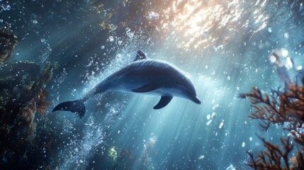 Fototapeta premium Single dolphin diving underwater, surrounded by sun rays filtering through, with bubbles and a peaceful marine ambiance