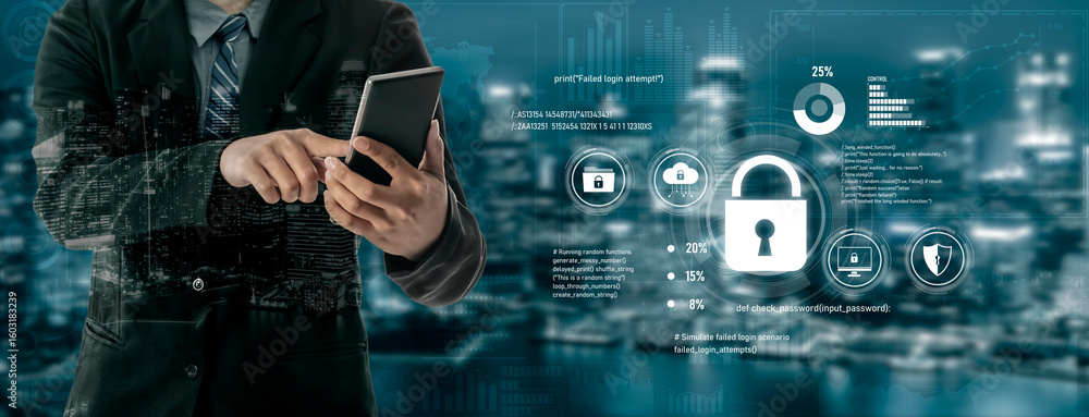 Poster cyber security protects against breaches, hacks, and network attacks using strong infrastructure and