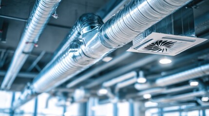 High-quality photo of metal air conditioning vent ducts and pipes hang from ceiling in modern building interior. Climate control system, cool, heat, fresh air, temperature, install.