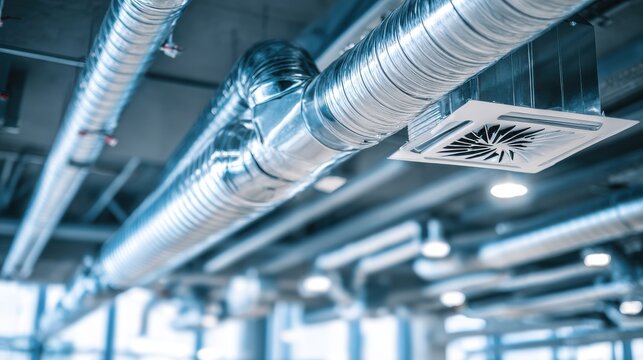 High-quality photo of metal air conditioning vent ducts and pipes hang from ceiling in modern building interior. Climate control system, cool, heat, fresh air, temperature, install.