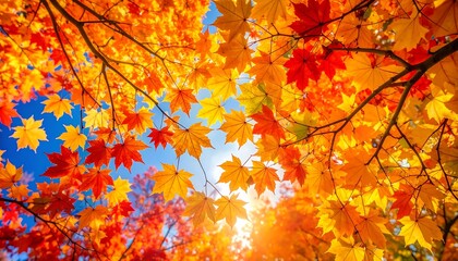 Vibrant autumn canopy reveals a glimpse of blue sky through colorful foliage