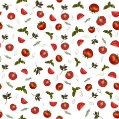 Seamless pattern with watercolour tomatoes, slices, basil leaves, rosemary, and fine line herbs. A vibrant kitchen-themed design perfect for fabric, packaging, and culinary decor