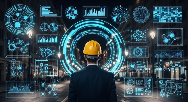 Engineer observes futuristic data overlay visualization in the city