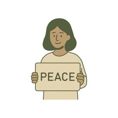 Woman holding a peace sign poster, symbolizing nonviolence, social harmony, and advocacy for peaceful coexistence