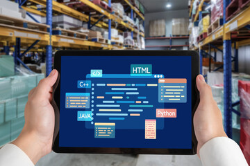 Software development or programming work with coding screen of various programming languages like HTML, , , and C brisk for new application development