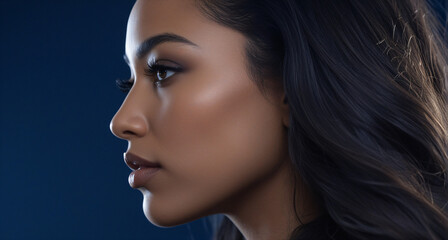 Fototapeta premium Beautiful close-up portrait of a medium-dark skinned person with long dark hair against a deep blue background