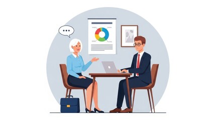 Fototapeta premium Flat illustration of a business meeting where a woman presents data and charts to a man working on his laptop