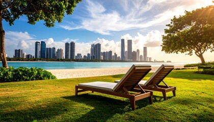Relaxing beach chairs overlooking a city skyline
